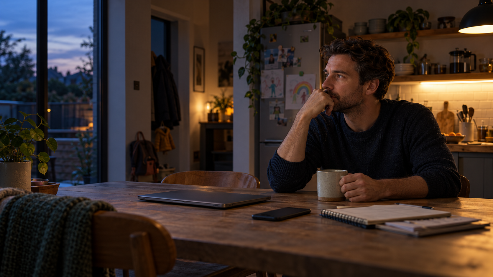 A man pausing at a kitchen table after work, with a closed laptop and mug.