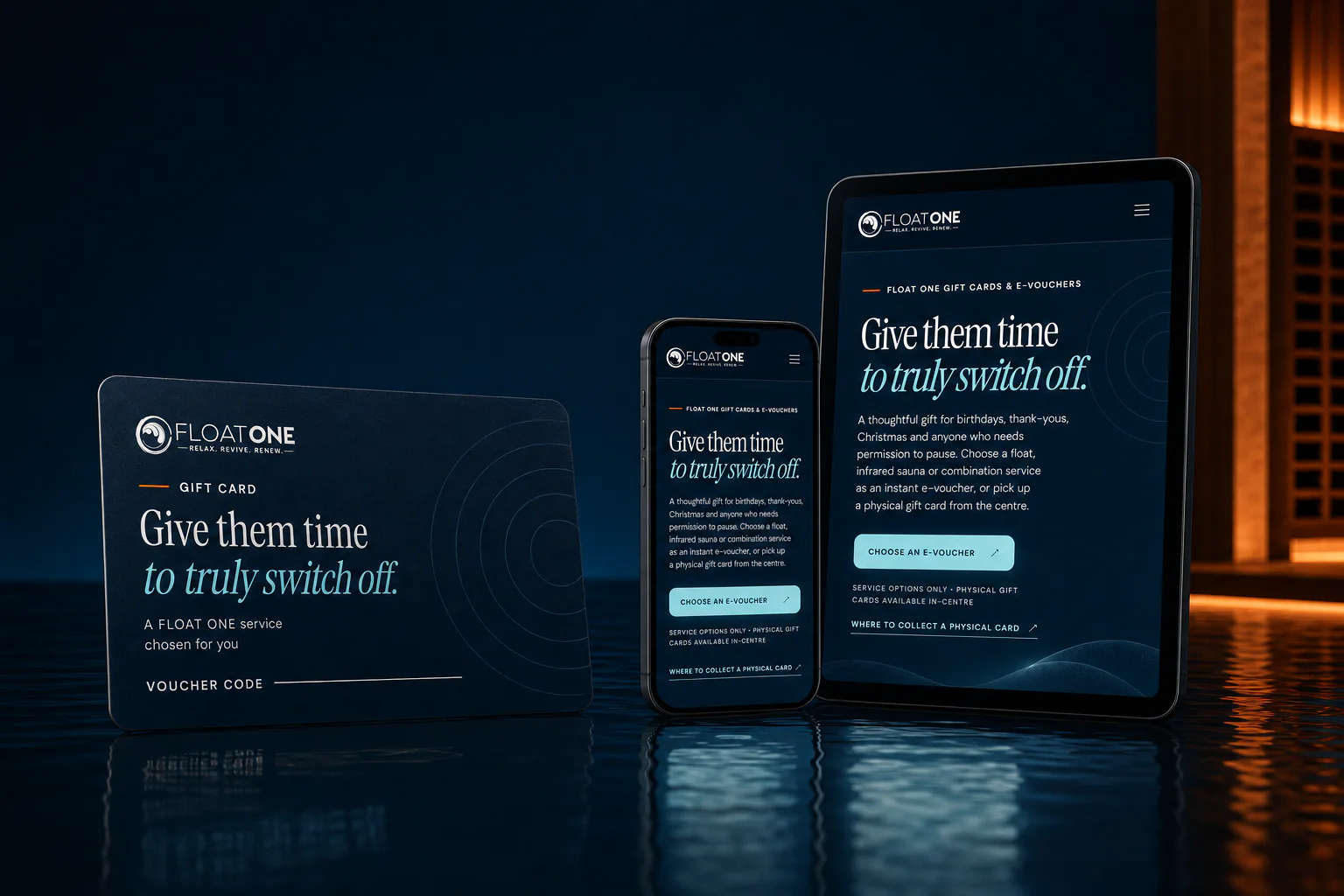 FLOAT ONE physical gift card beside its e-voucher page on a phone and tablet