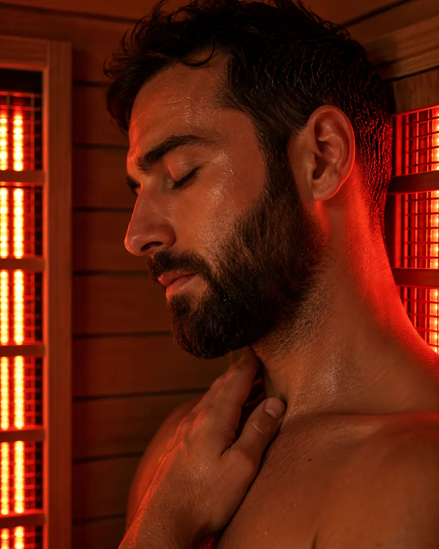 Guest resting with his eyes closed in FLOAT ONE's private infrared sauna