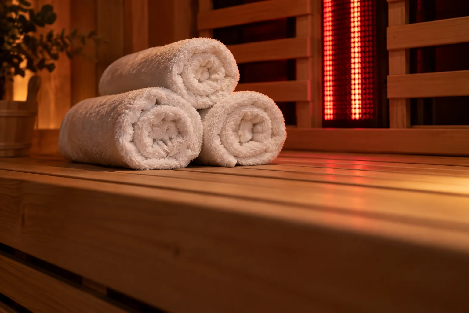 Rolled white cotton towels on a warm timber sauna bench