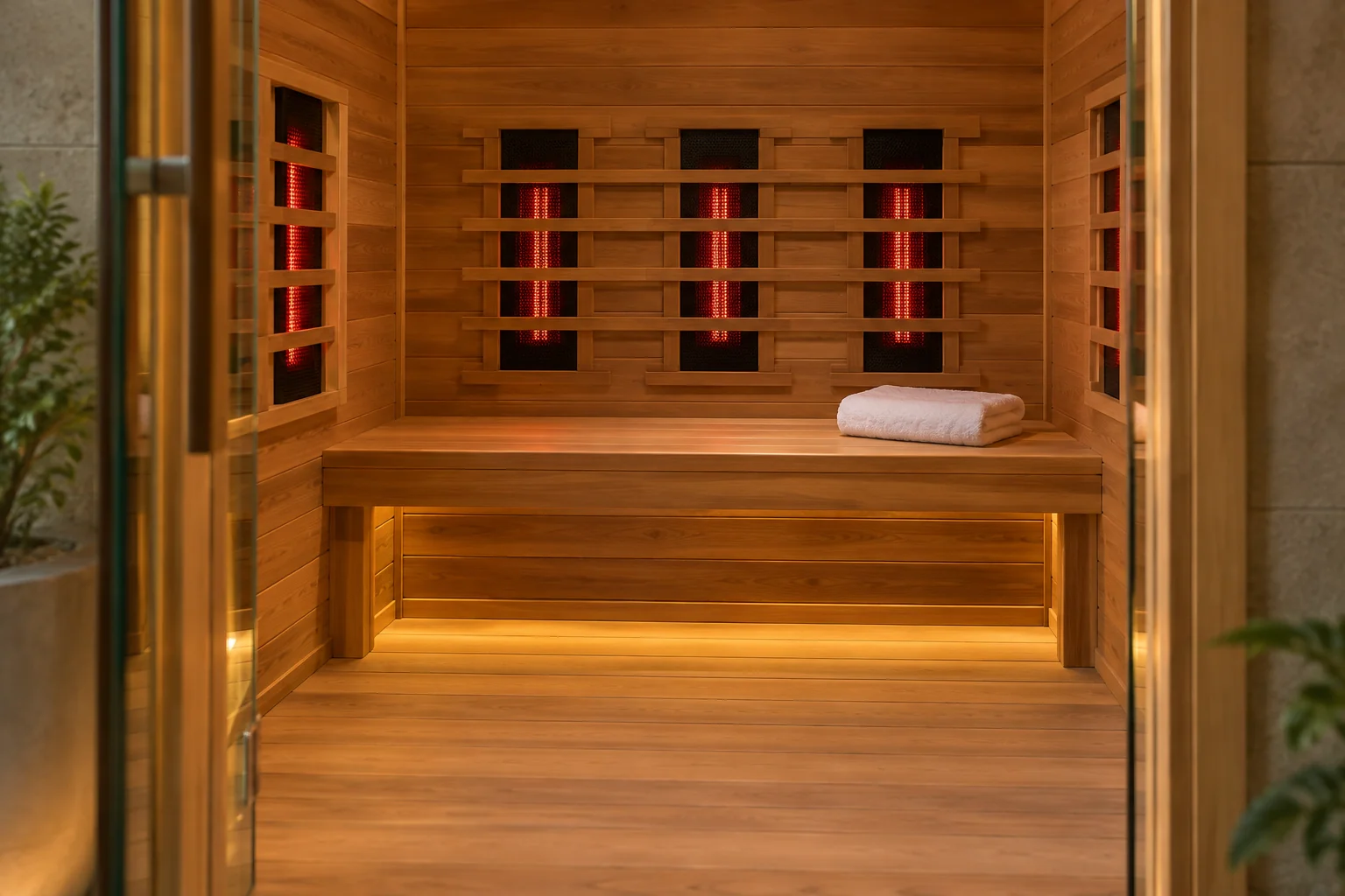 An empty timber infrared sauna with a clean bench and softly glowing heating panels